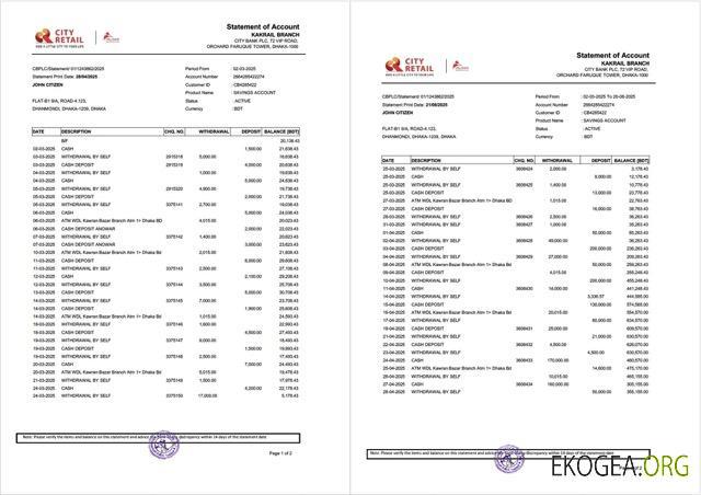 Modèle Word et PDF de relevé de compte de la Bangladesh City Bank, 2 pages